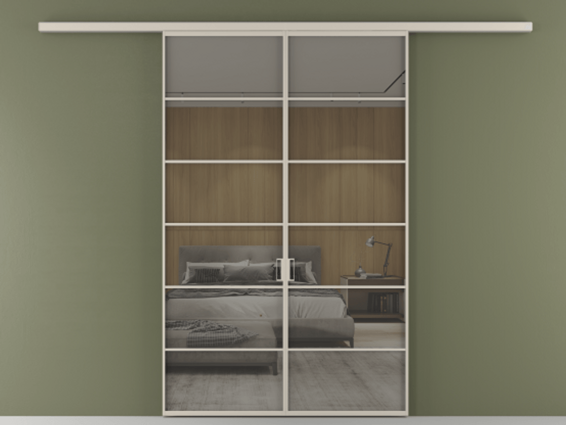 Перегородка Формато вдоль стены 2 створки АЛПР 040.04 Алюминий светло-бежевый Рефлективное серое стекло "Стопсол", калёное Цена 13790 AZE | Volhovec