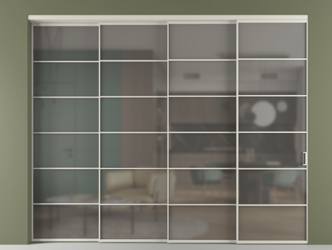 Перегородка Формато внутри проёма 4 створки с синхронным механизмом АЛПР 040.04 Алюминий тёплый серый Сатинированное серое стекло, триплекс Цена 25470 AZE | Volhovec