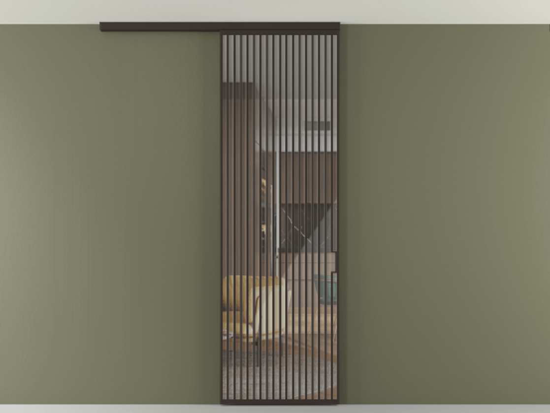 Перегородка Формато вдоль стены на потолок 1 створка АЛПР 040.06 Алюминий антрацит Рефлективное прозрачное стекло "Стопсол", калёное Цена 10090 AZE | Volhovec