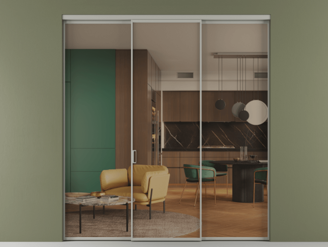 Перегородка Формато внутри проёма 3 створки АЛПР 040.01 Алюминий нейтральный серый Прозрачное бронзовое стекло, триплекс Цена 11730 AZE | Volhovec