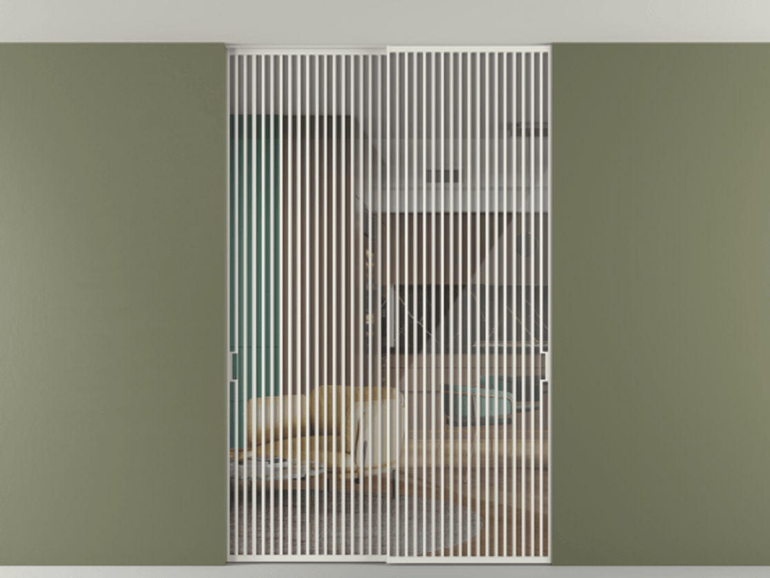 Перегородка Формато внутри проёма скрытое крепление в потолок 2 створки АЛПР 040.06 Алюминий серый Рефлективное прозрачное стекло "Стопсол", калёное Цена 27160 AZE | Volhovec