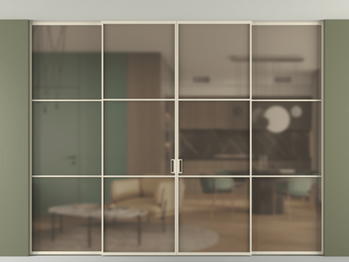 Перегородка Формато внутри проёма скрытое крепление в потолок 4 створки АЛПР 040.03 Алюминий бежево-серый Сатинированное бронзовое стекло, триплекс Цена 22960 AZE | Volhovec