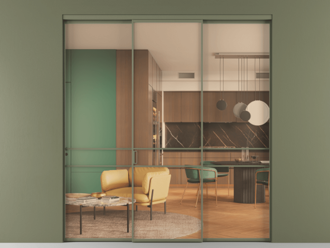 Перегородка Formato внутри проёма 3 створки АЛПР 040.02 Алюминий оливковый тёмный Прозрачное оранжевое стекло, триплекс Цена 12400 AZE | Volhovec