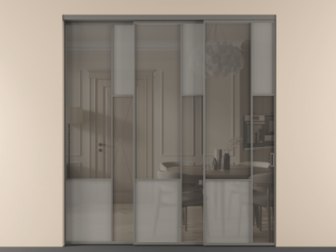 Перегородка Мозаик внутри проёма 3 створки с синхронным механизмом АЛПР 041.12 Алюминий классический серый Сатинированное серое стекло, триплекс, 6 мм + Прозрачное серое стекло, триплекс Цена 437390 ₽ | Volhovec