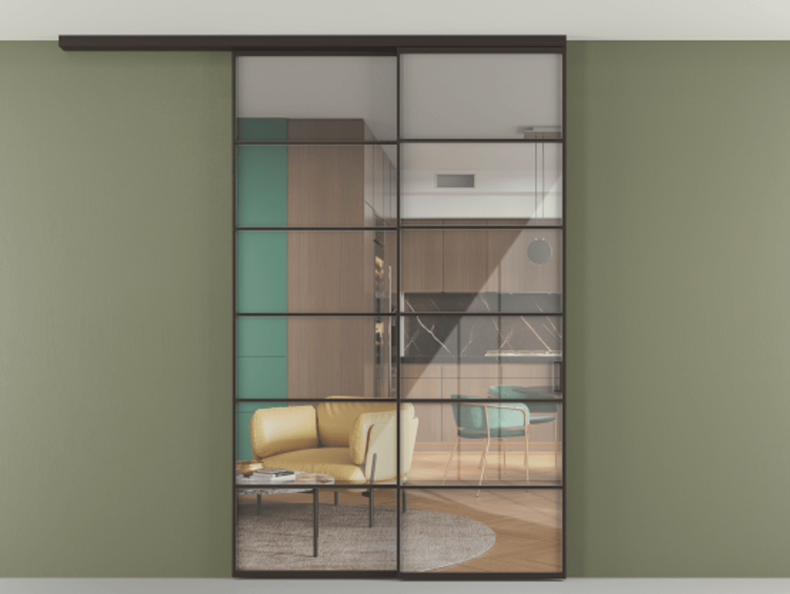 Перегородка Формато вдоль стены на потолок 2 створки с синхронным механизмом АЛПР 040.04 Алюминий антрацит Рефлективное прозрачное стекло "Стопсол", калёное Цена 15870 AZE | Volhovec