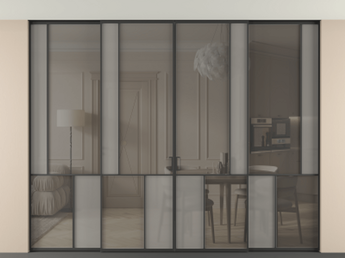 Перегородка Mosaic внутри проёма скрытое крепление в потолок 4 створки АЛПР 041.21 Алюминий Черный Декоративное стекло с сеткой "Mesh silver", триплекс, 6 мм + Прозрачное бронзовое стекло, триплекс Цена 598140 ₽ | Volhovec