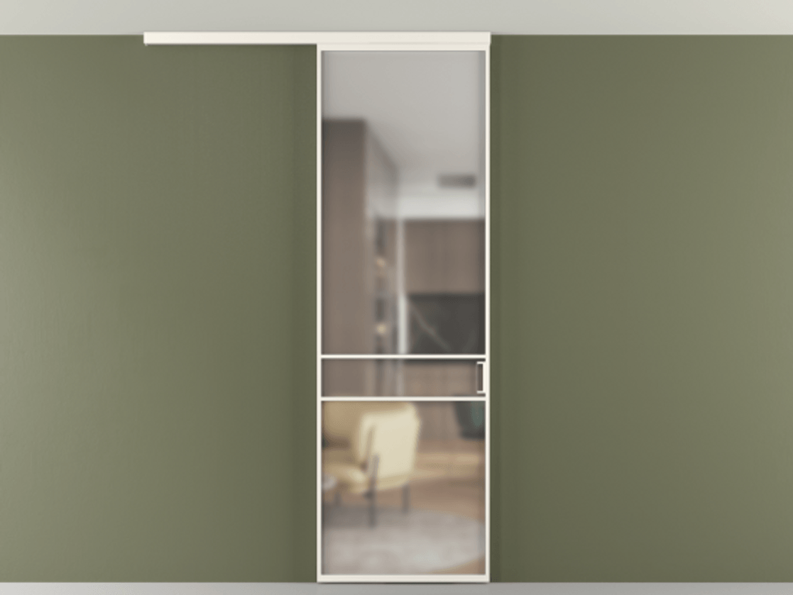 Перегородка Формато вдоль стены на потолок 1 створка АЛПР 040.02 Алюминий пудровый белый Сатинированное стекло "Мателюкс Кристал Вижн", калёное, матовое, каленое 6 мм Цена 6540 AZE | Volhovec