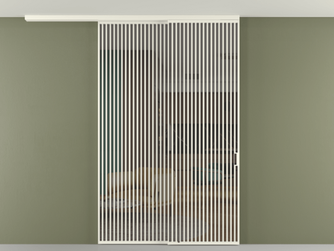 Перегородка Формато вдоль стены на потолок 2 створки с синхронным механизмом АЛПР 040.06 Алюминий жемчужный Прозрачное серое стекло, триплекс Цена 450456 ₽ | Volhovec