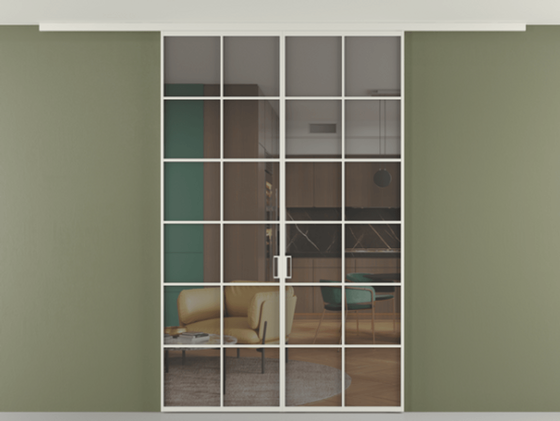 Перегородка Формато вдоль стены на потолок 2 створки АЛПР 040.05 Алюминий Белый Прозрачное серое стекло, триплекс Цена 12260 AZE | Volhovec