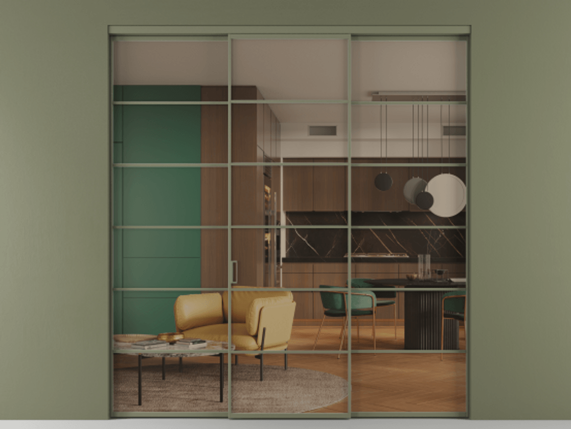 Перегородка Formato внутри проёма 3 створки АЛПР 040.04 Алюминий оливковый тёмный Прозрачное бронзовое стекло, триплекс Цена 13280 AZE | Volhovec