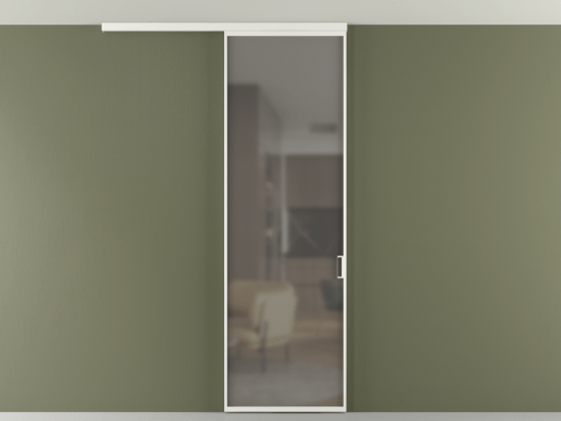 Перегородка Formato вдоль стены на потолок 1 створка АЛПР 040.01 Алюминий светло-серый Сатинированное серое стекло, триплекс Цена 4820 AZE | Volhovec