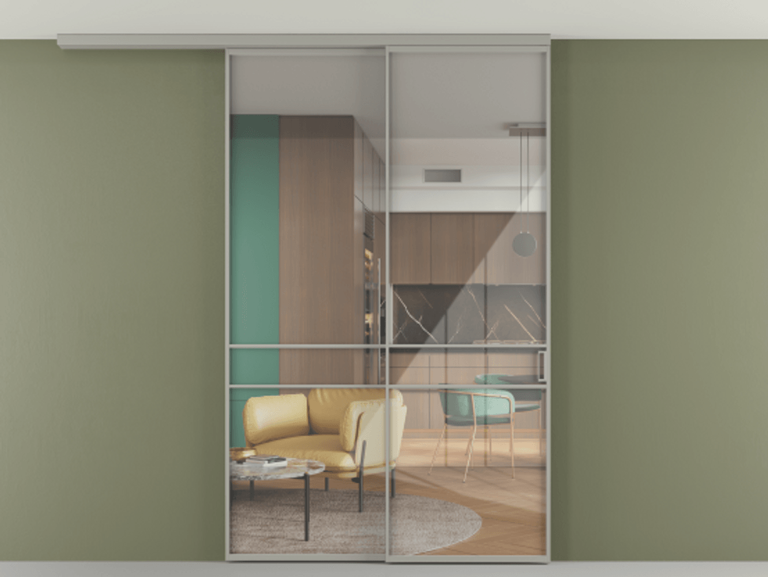 Перегородка Формато вдоль стены на потолок 2 створки с синхронным механизмом АЛПР 040.02 Алюминий нейтральный серый Рефлективное прозрачное стекло "Стопсол", калёное Цена 15160 AZE | Volhovec