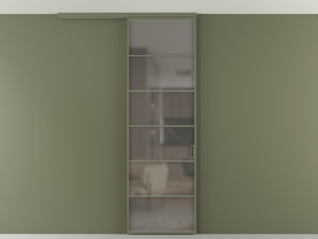 Перегородка Формато вдоль стены на потолок 1 створка АЛПР 040.04 Алюминий оливковый тёмный Сатинированное серое стекло, триплекс Цена 5620 AZE | Volhovec