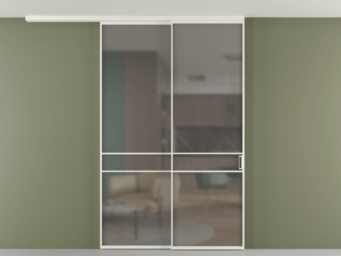 Перегородка Формато вдоль стены на потолок 2 створки с синхронным механизмом АЛПР 040.02 Алюминий светло-серый Сатинированное серое стекло, триплекс Цена 16210 AZE | Volhovec