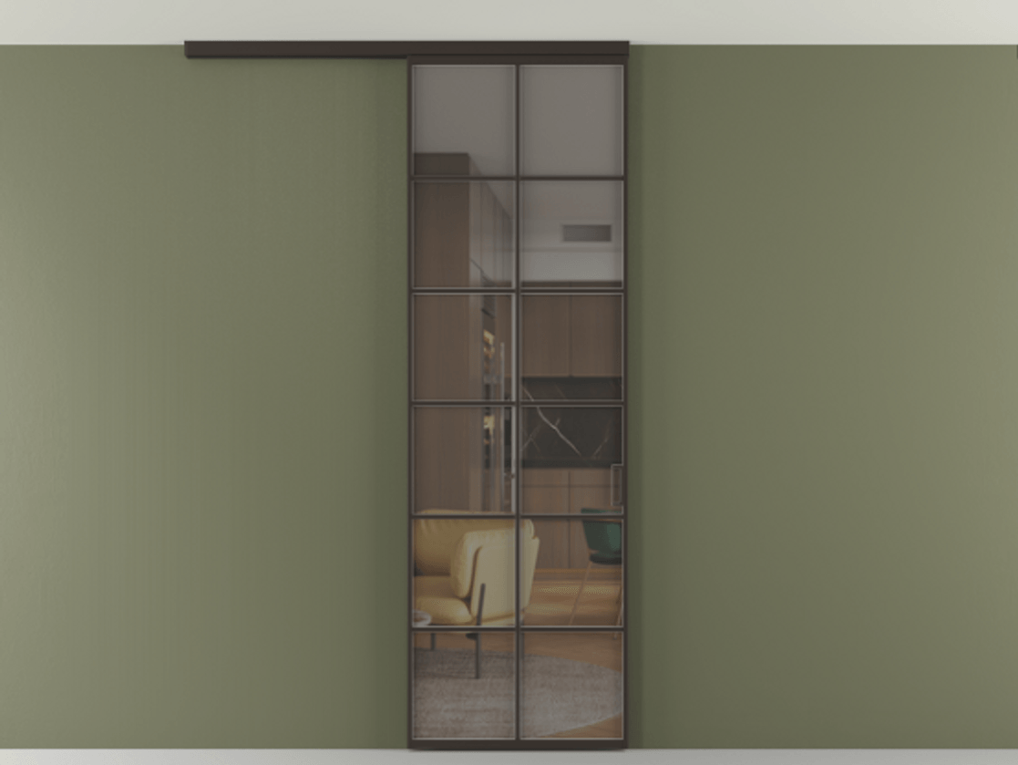 Перегородка Формато вдоль стены на потолок 1 створка АЛПР 040.05 Алюминий антрацит Прозрачное серое стекло, триплекс Цена 5620 AZE | Volhovec