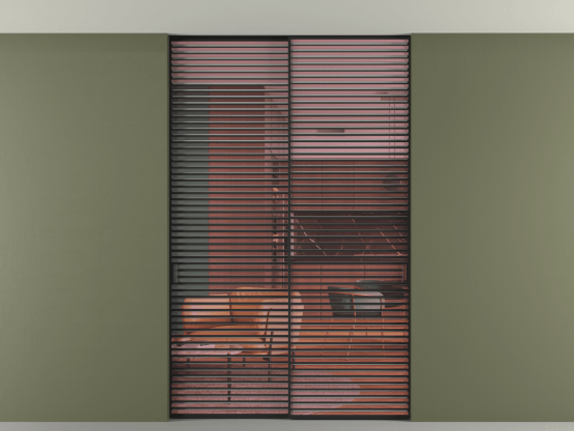 Перегородка Формато внутри проёма скрытое крепление в потолок 2 створки АЛПР 040.07 Алюминий Черный Прозрачное розовое стекло, триплекс Цена 20700 AZE | Volhovec