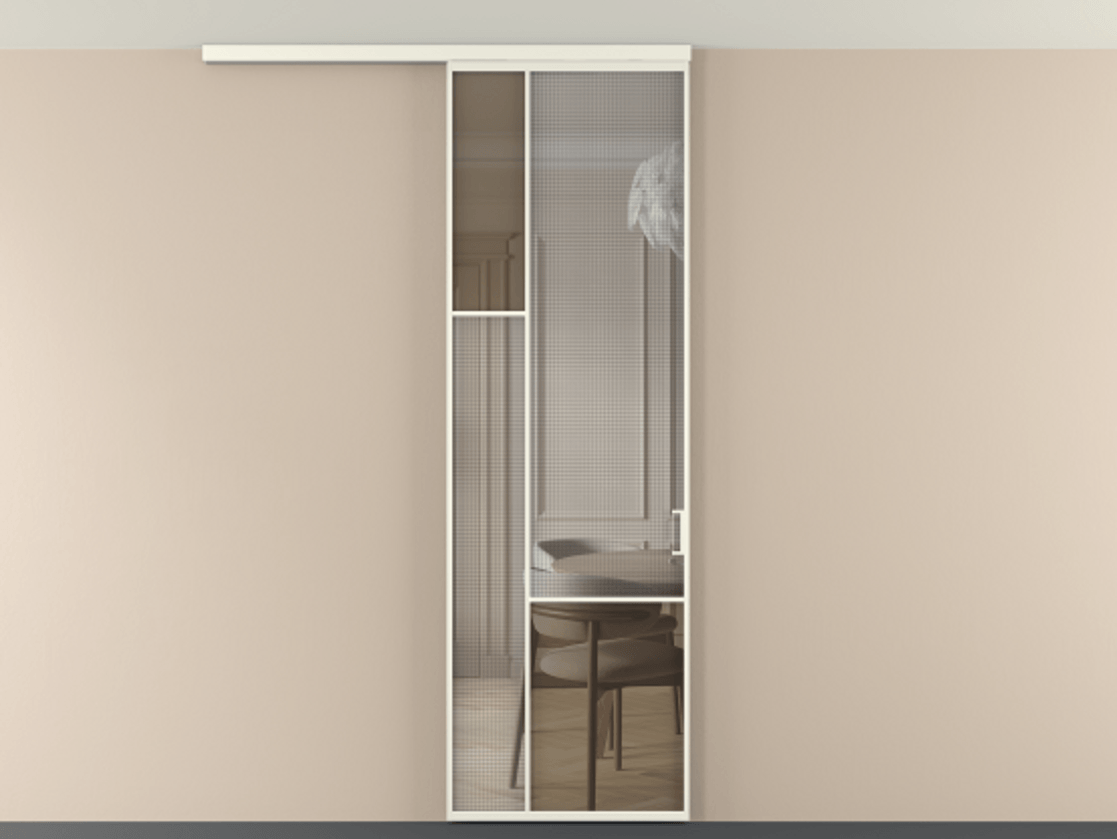 Перегородка Mosaic вдоль стены на потолок 1 створка АЛПР 041.13 Алюминий жемчужный Декоративное стекло с сеткой "Mesh silver", триплекс, 6 мм + Прозрачное бронзовое стекло, триплекс Цена 7350 AZE | Volhovec