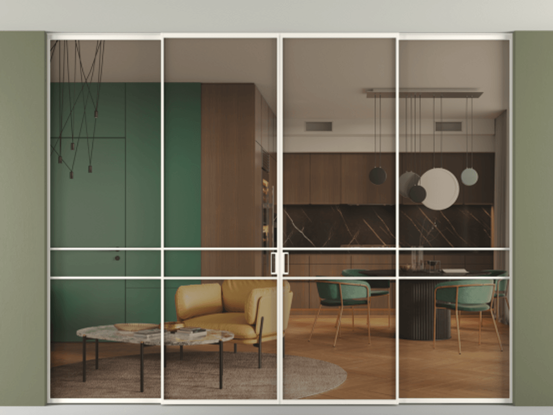 Перегородка Формато внутри проёма скрытое крепление в потолок 4 створки АЛПР 040.02 Алюминий пудровый белый Прозрачное бронзовое стекло, триплекс Цена 22960 AZE | Volhovec