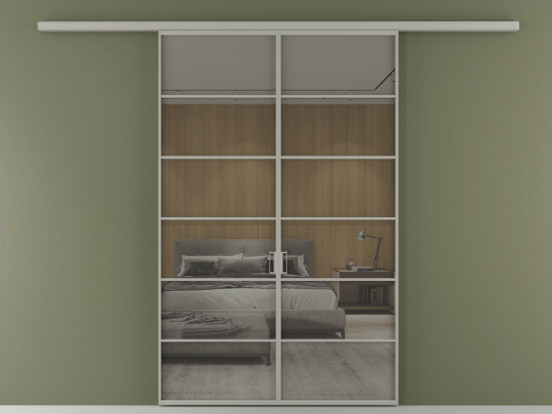 Перегородка Формато вдоль стены 2 створки АЛПР 040.04 Алюминий нейтральный серый Рефлективное серое стекло "Стопсол", калёное Цена 13790 AZE | Volhovec