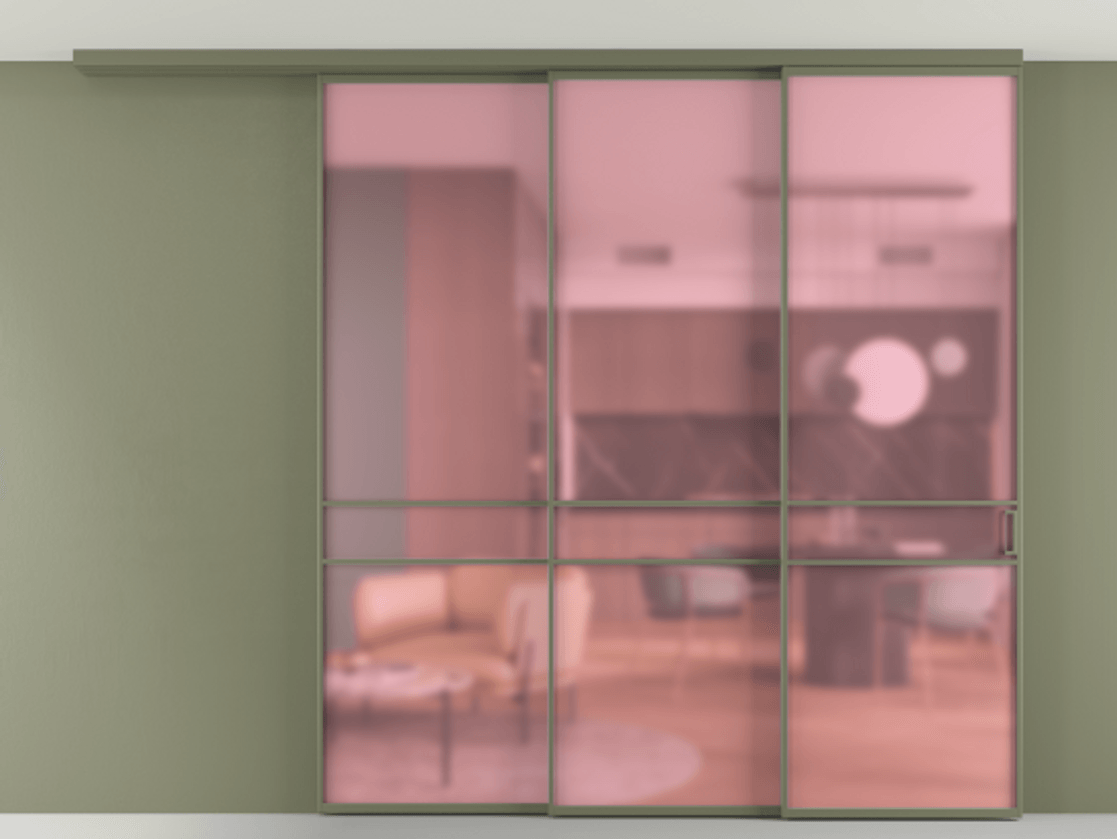 Перегородка Формато вдоль стены на потолок 3 створки с синхронным механизмом АЛПР 040.02 Алюминий оливковый тёмный Сатинированное розовое стекло, триплекс Цена 2589500 AMD | Volhovec