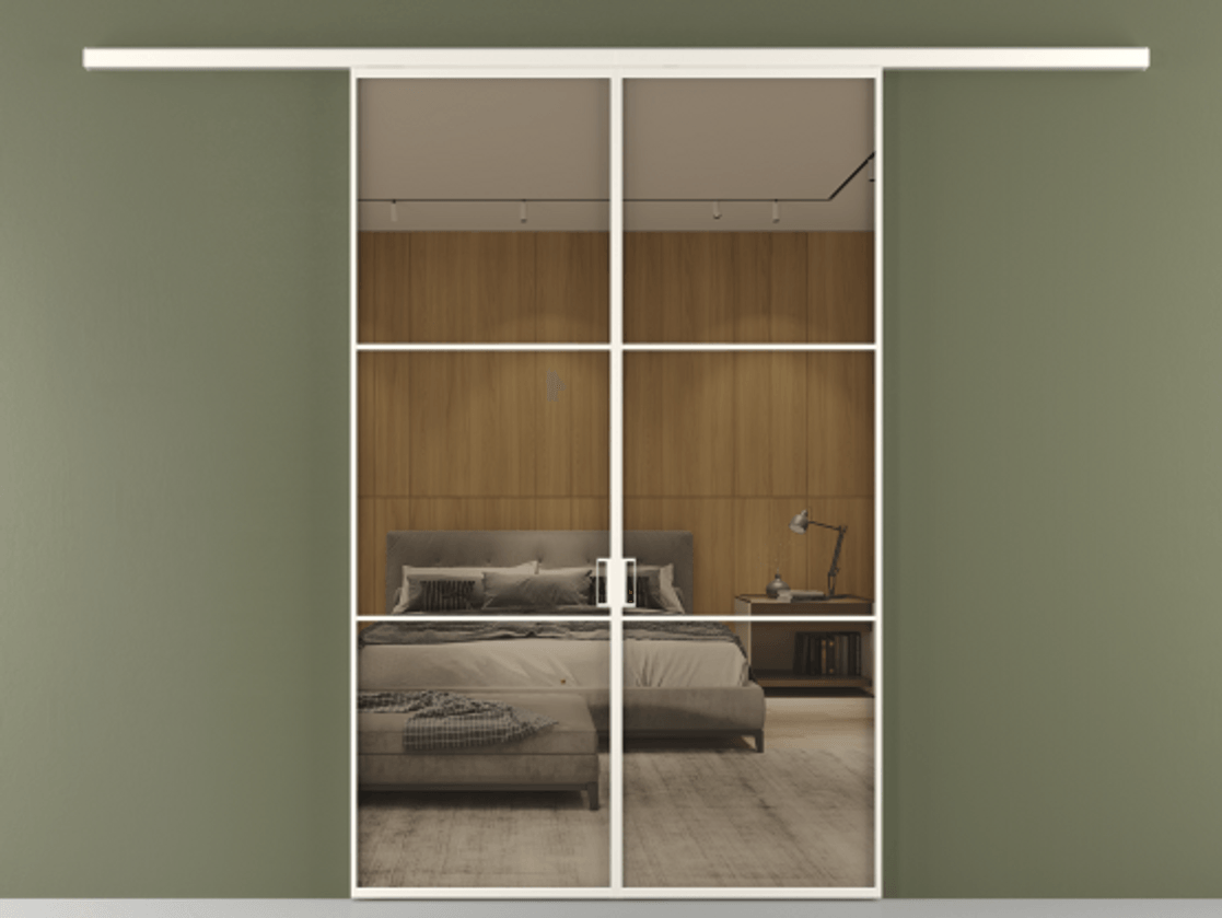 Перегородка Формато вдоль стены 2 створки АЛПР 040.03 Алюминий пудровый белый Рефлективное бронзовое стекло "Стопсол", калёное Цена 11250 AZE | Volhovec