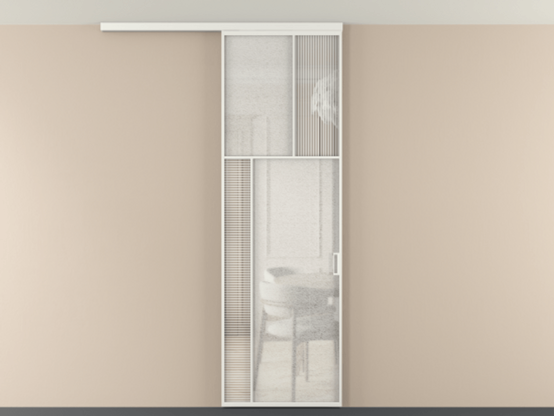 Перегородка Мозаик вдоль стены на потолок 1 створка АЛПР 041.22 Алюминий светло-серый Рифлёное стекло "Дюна", триплекс, 6 мм + Фактурное стекло "Лёд", триплекс Цена 7460 AZE | Volhovec