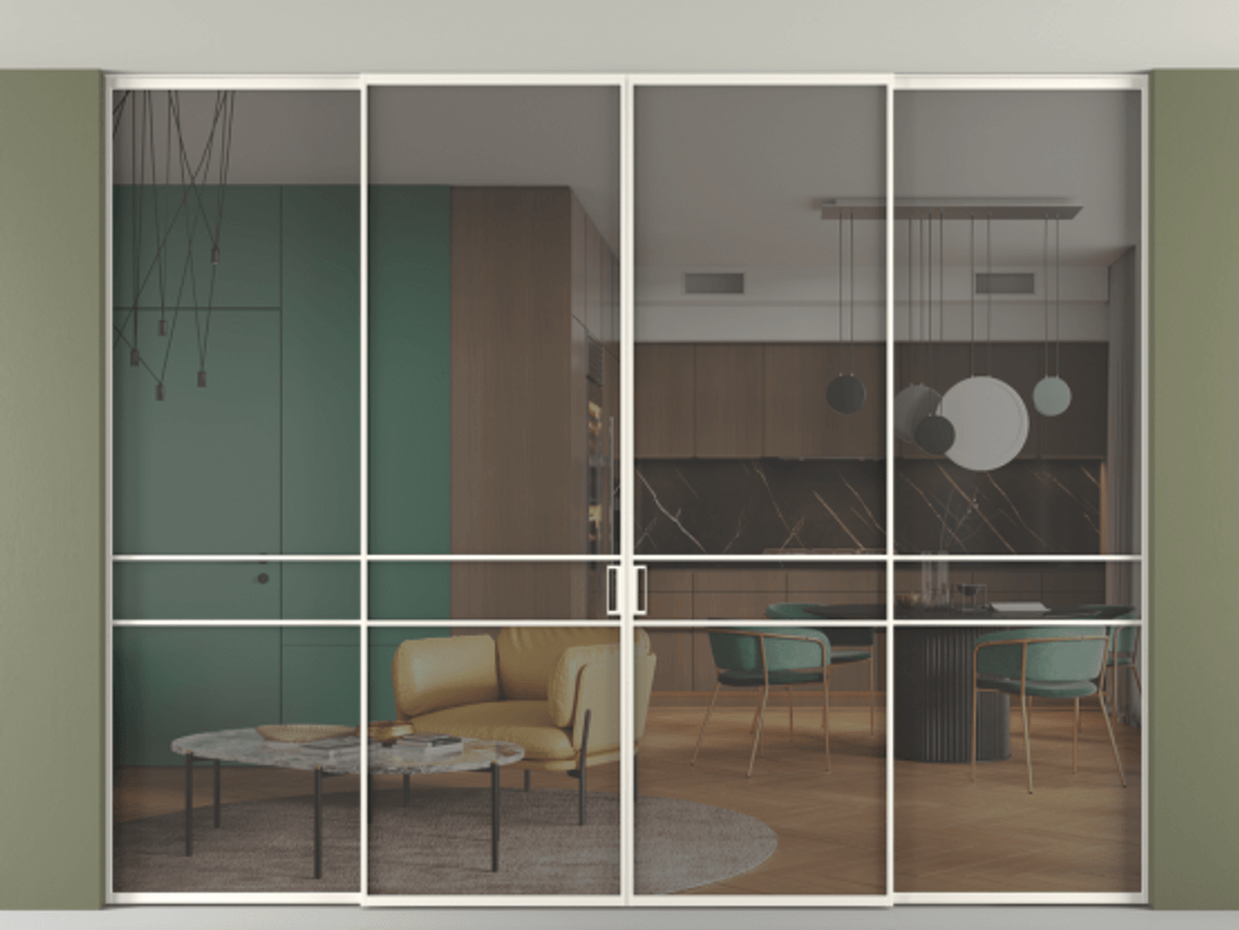 Перегородка Formato внутри проёма скрытое крепление в потолок 4 створки АЛПР 040.02 Алюминий пудровый белый Прозрачное серое стекло, триплекс Цена 23820 AZE | Volhovec