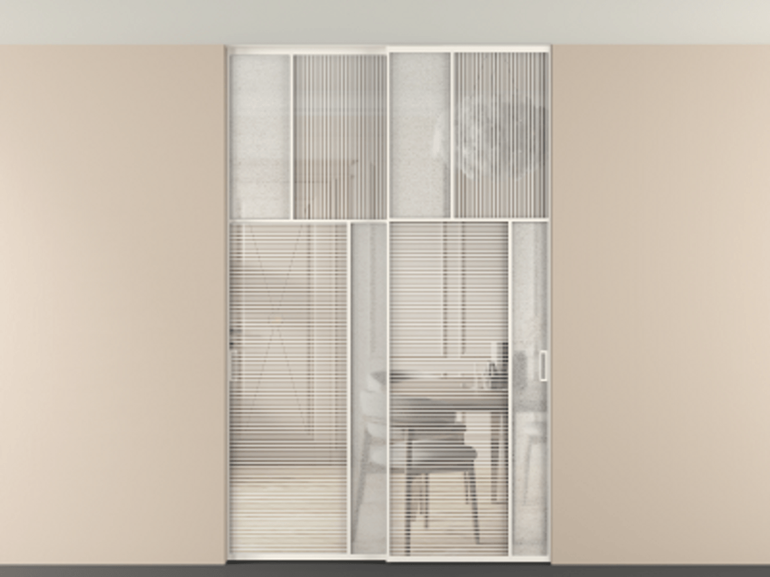 Перегородка Мозаик внутри проёма скрытое крепление в потолок 2 створки АЛПР 041.23 Алюминий пудровый белый Рифлёное стекло "Дюна", триплекс, 6 мм + Фактурное стекло "Лёд", триплекс Цена 17750 AZE | Volhovec