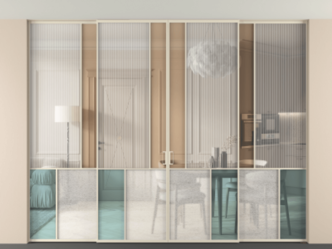 Перегородка Mosaic внутри проёма скрытое крепление в потолок 4 створки АЛПР 041.20 Алюминий бежево-серый Комбинация стекол Группы 1 и Группы 3 Цена 617260 ₽ | Volhovec