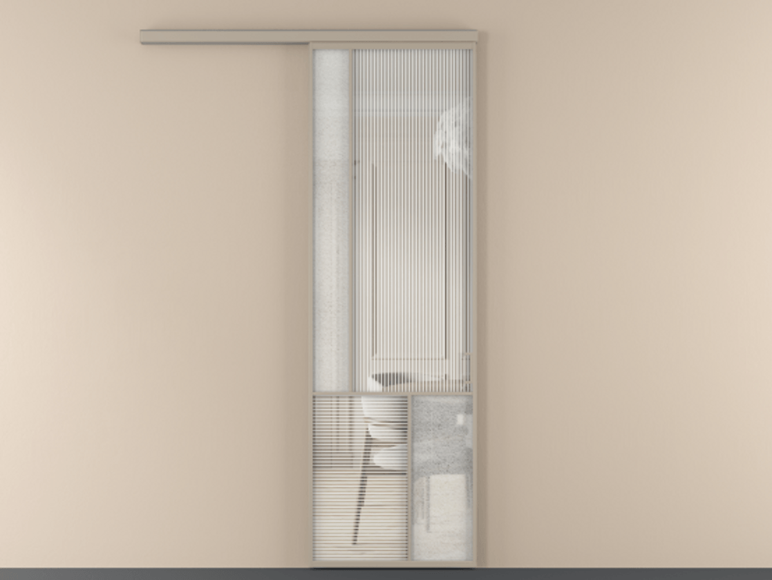 Перегородка Mosaic вдоль стены 1 створка АЛПР 041.20 Алюминий бисквитный Рифлёное стекло "Дюна", триплекс, 6 мм + Фактурное стекло "Лёд", триплекс Цена 7560 AZE | Volhovec