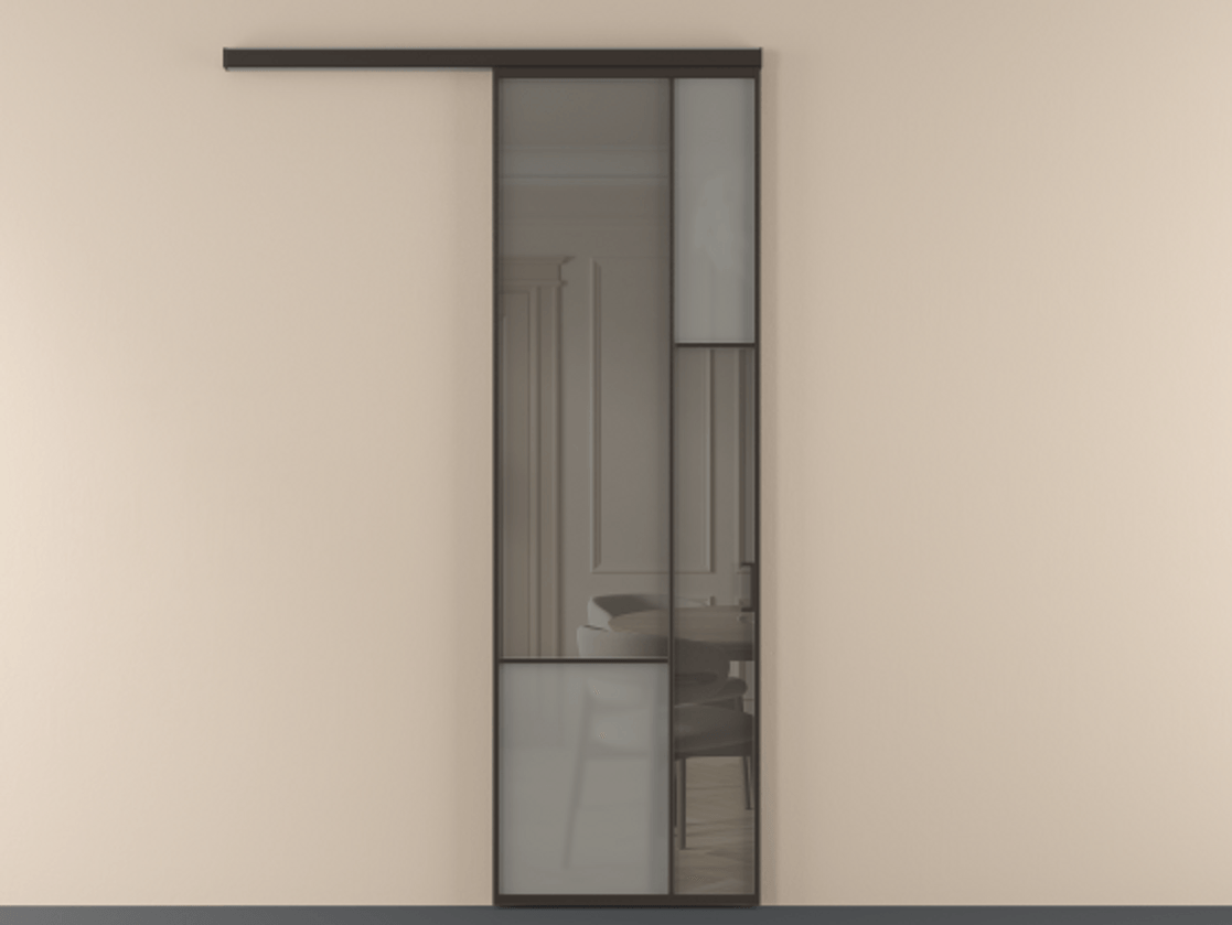 Перегородка Mosaic вдоль стены 1 створка АЛПР 041.12 Алюминий антрацит Сатинированное серое стекло, триплекс, 6 мм + Прозрачное серое стекло, триплекс Цена 7140 AZE | Volhovec