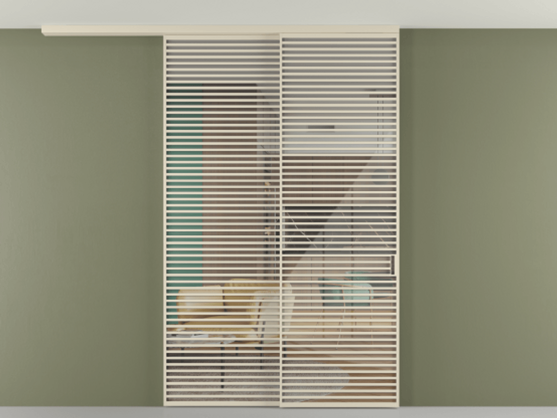 Перегородка Формато вдоль стены на потолок 2 створки с синхронным механизмом АЛПР 040.07 Алюминий бежево-серый Рефлективное прозрачное стекло "Стопсол", калёное Цена 28280 AZE | Volhovec