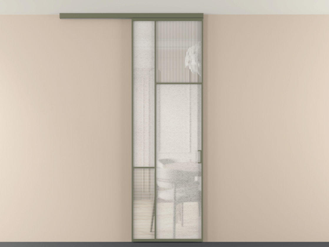 Перегородка Мозаик вдоль стены на потолок 1 створка АЛПР 041.11 Алюминий оливковый тёмный Рифлёное стекло "Дюна", триплекс, 6 мм + Фактурное стекло "Лёд", триплекс Цена 7460 AZE | Volhovec