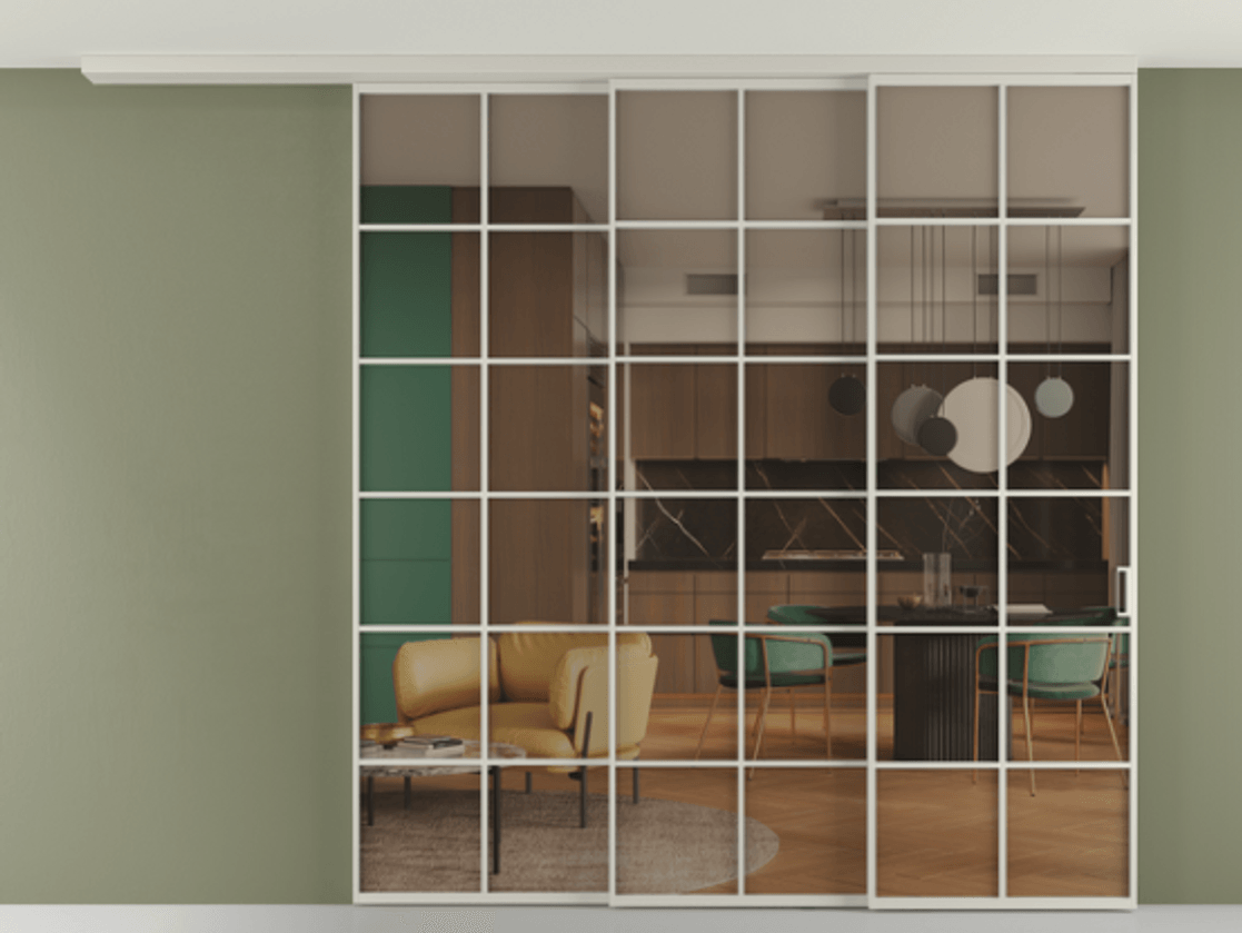 Перегородка Formato вдоль стены на потолок 3 створки с синхронным механизмом АЛПР 040.05 Алюминий тёплый серый Прозрачное бронзовое стекло, триплекс Цена 21021 AZE | Volhovec