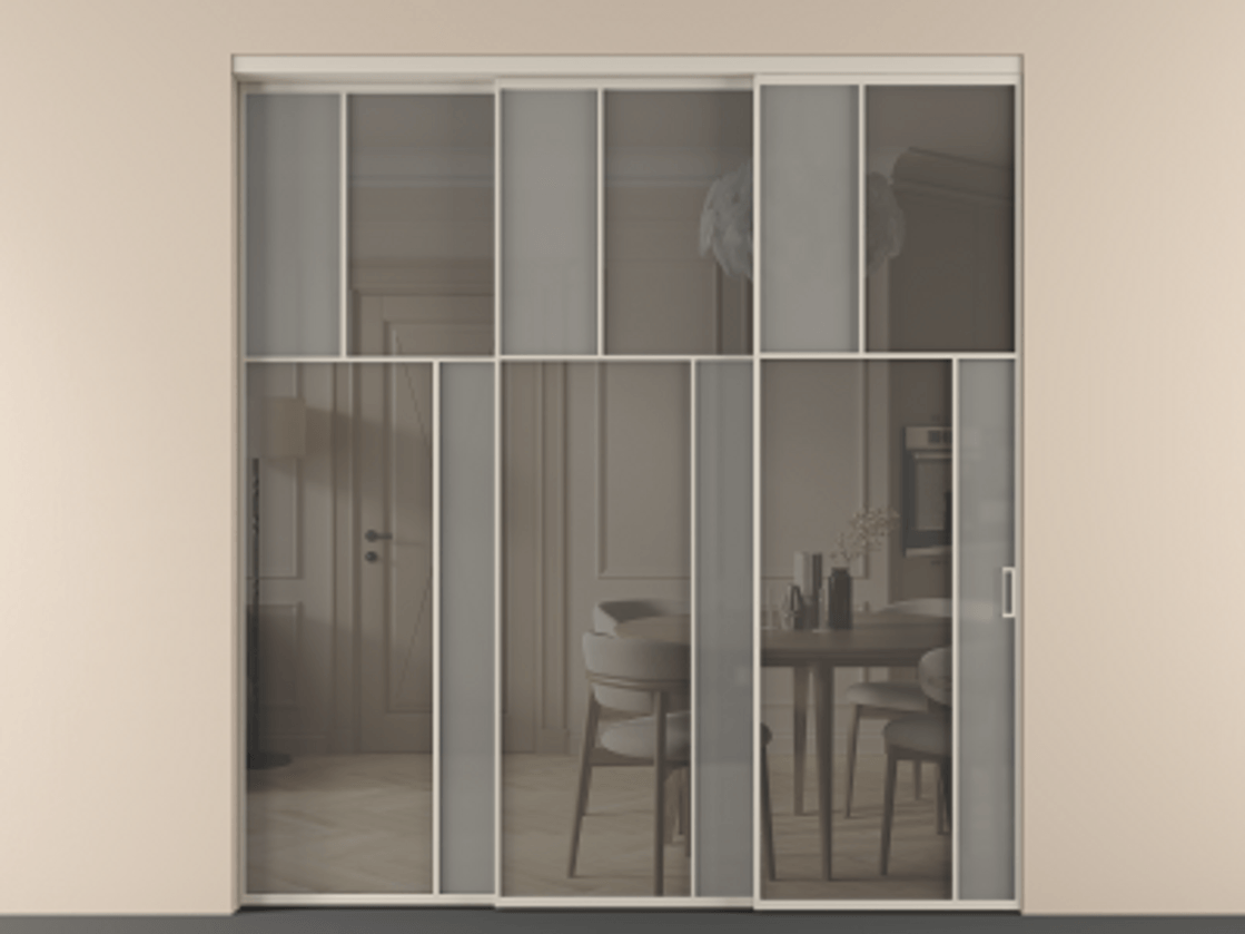 Перегородка Мозаик внутри проёма 3 створки с синхронным механизмом АЛПР 041.23 Алюминий светло-бежевый Сатинированное серое стекло, триплекс, 6 мм + Прозрачное серое стекло, триплекс Цена 22800 AZE | Volhovec