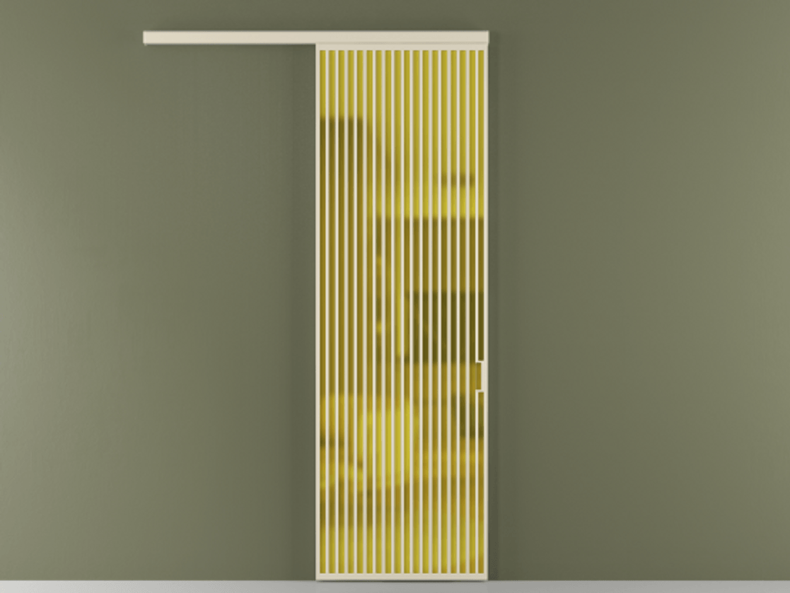 Перегородка Formato вдоль стены 1 створка АЛПР 040.06 Алюминий бежево-серый Сатинированное жёлтое стекло, триплекс Цена 11400 AZE  | Volhovec