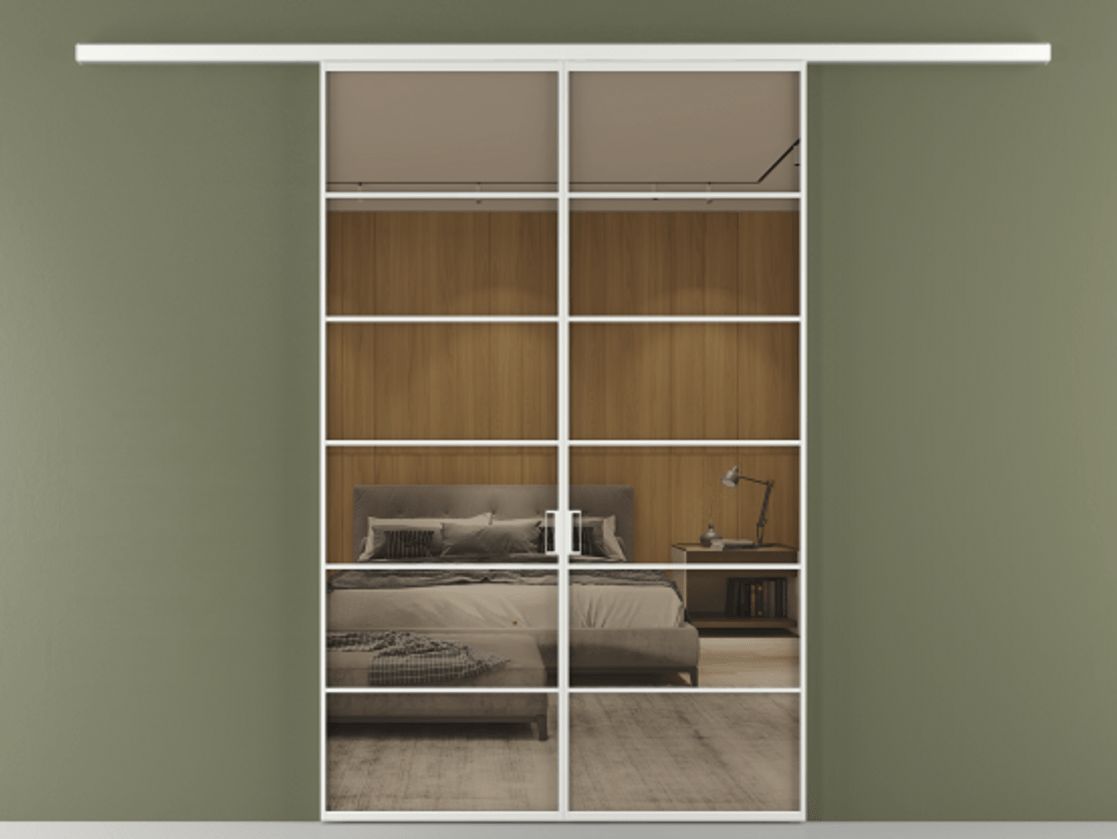 Перегородка Формато вдоль стены 2 створки АЛПР 040.04 Алюминий белоснежный Рефлективное бронзовое стекло "Стопсол", калёное Цена 13790 AZE | Volhovec