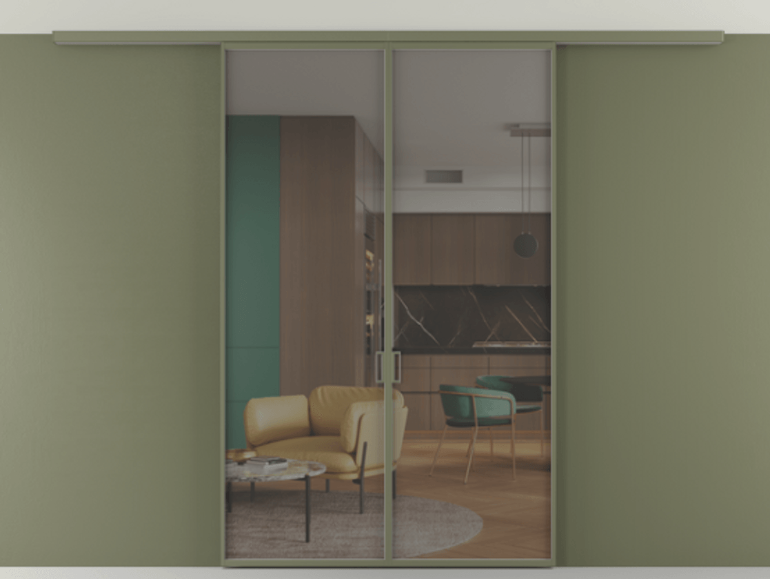 Перегородка Формато вдоль стены на потолок 2 створки АЛПР 040.01 Алюминий оливковый тёмный Прозрачное серое стекло, триплекс Цена 9260 AZE | Volhovec