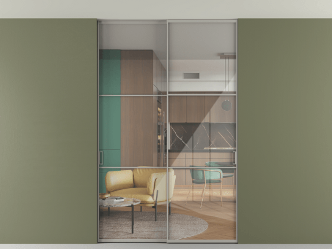 Перегородка Формато внутри проёма скрытое крепление в потолок 2 створки АЛПР 040.03 Алюминий нейтральный серый Рефлективное прозрачное стекло "Стопсол", калёное Цена 15930 AZE | Volhovec