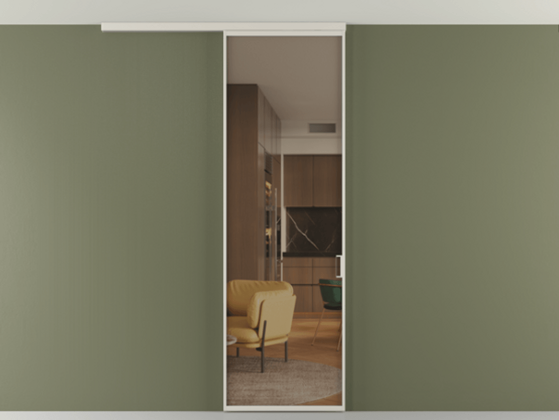 Перегородка Формато вдоль стены на потолок 1 створка АЛПР 040.01 Алюминий облачно-серый Прозрачное бронзовое стекло, триплекс Цена 4820 AZE | Volhovec