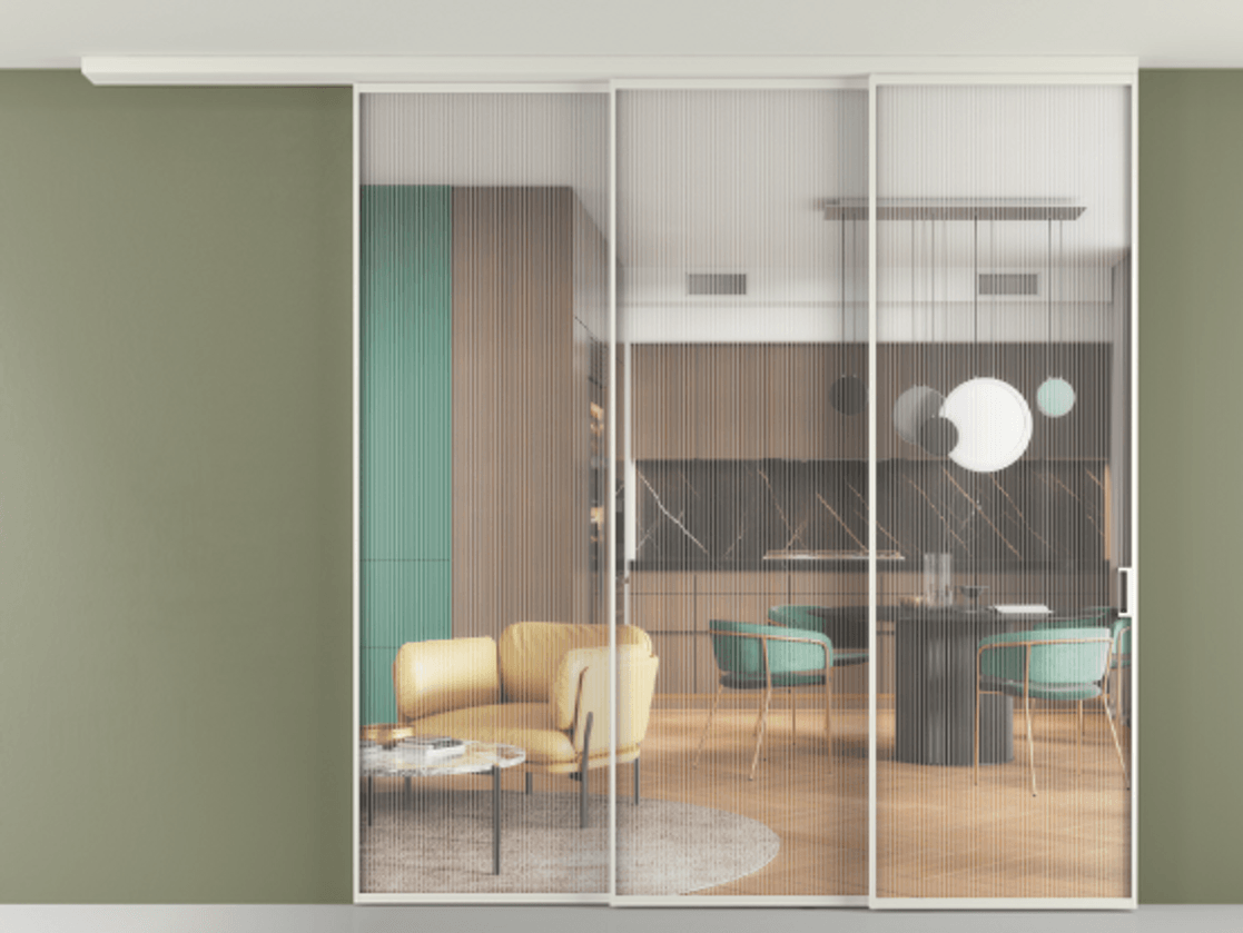 Перегородка Формато вдоль стены на потолок 3 створки с синхронным механизмом АЛПР 040.01 Алюминий Белый Рифлёное стекло "Мору", триплекс. Скрытый короб БЕЛ Цена 19960 AZE 1. Полотно 2 шт. (800/2100 мм)
2. Комплект установки раздвижной системы
3. Базовый комплект фурнитуры
4.Ручка Рондо. Фабрика дверей Волховец 8 (800) 551 43 19 Перегородка Формато вдоль стены на потолок 3 створки с синхронным механизмом АЛПР 040.01 Алюминий Белый Рифлёное стекло "Мору", триплекс Цена 19960 AZE | Volhovec