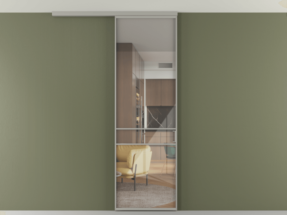 Перегородка Формато вдоль стены на потолок 1 створка АЛПР 040.02 Алюминий нейтральный серый Рефлективное прозрачное стекло "Стопсол", калёное Цена 5600 AZE | Volhovec