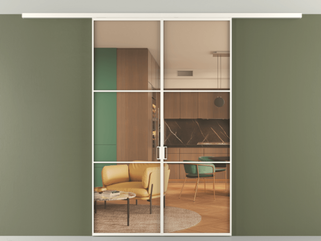 Перегородка Formato вдоль стены на потолок 2 створки АЛПР 040.03 Алюминий пудровый белый Прозрачное оранжевое стекло, триплекс Цена 10200 AZE | Volhovec