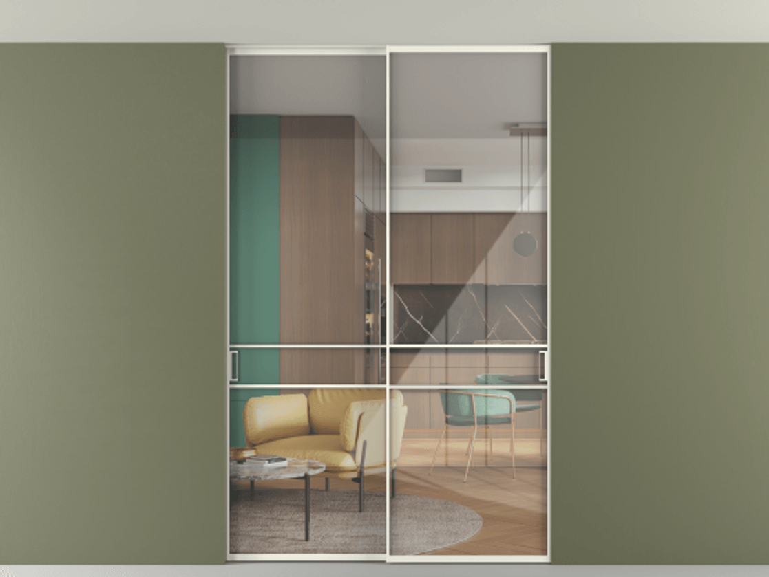 Перегородка Formato внутри проёма скрытое крепление в потолок 2 створки АЛПР 040.02 Алюминий жемчужный Рефлективное прозрачное стекло "Stopsol", калёное Цена 15930 AZE | Volhovec