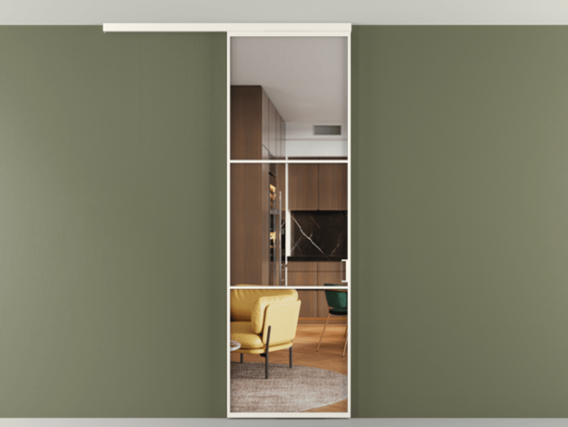 Перегородка Формато вдоль стены на потолок 1 створка АЛПР 040.03 Алюминий пудровый белый Прозрачное стекло "Кристал Вижн", калёное Цена 6540 AZE | Volhovec