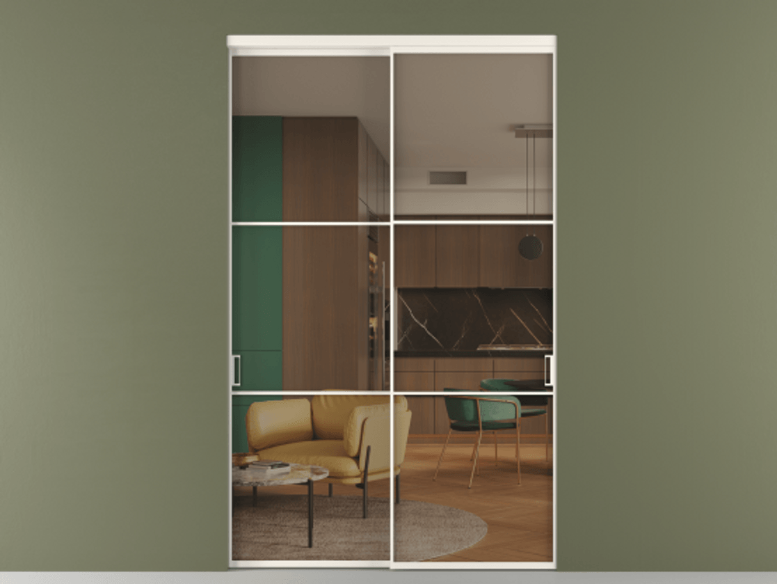 Перегородка Формато внутри проёма 2 створки АЛПР 040.03 Алюминий пудровый белый Прозрачное бронзовое стекло, триплекс Цена 22140 AZE  | Volhovec