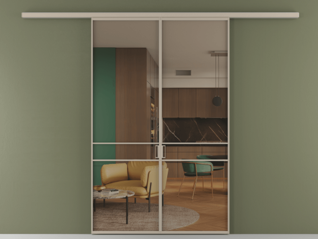 Перегородка Формато вдоль стены 2 створки АЛПР 040.02 Алюминий бисквитный Прозрачное бронзовое стекло, триплекс Цена 10190 AZE | Volhovec