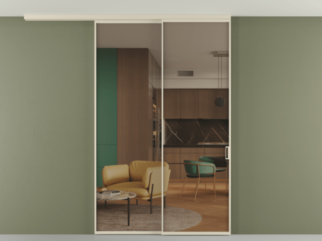 Перегородка Формато вдоль стены на потолок 2 створки с синхронным механизмом АЛПР 040.01 Алюминий бежево-серый Прозрачное бронзовое стекло, триплекс Цена 15590 AZE | Volhovec