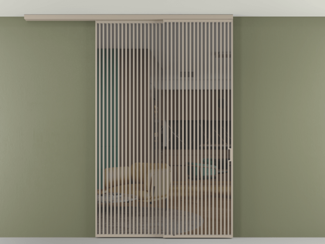 Перегородка Формато вдоль стены на потолок 2 створки с синхронным механизмом АЛПР 040.06 Алюминий бисквитный Прозрачное серое стекло, триплекс Цена 23480 AZE | Volhovec