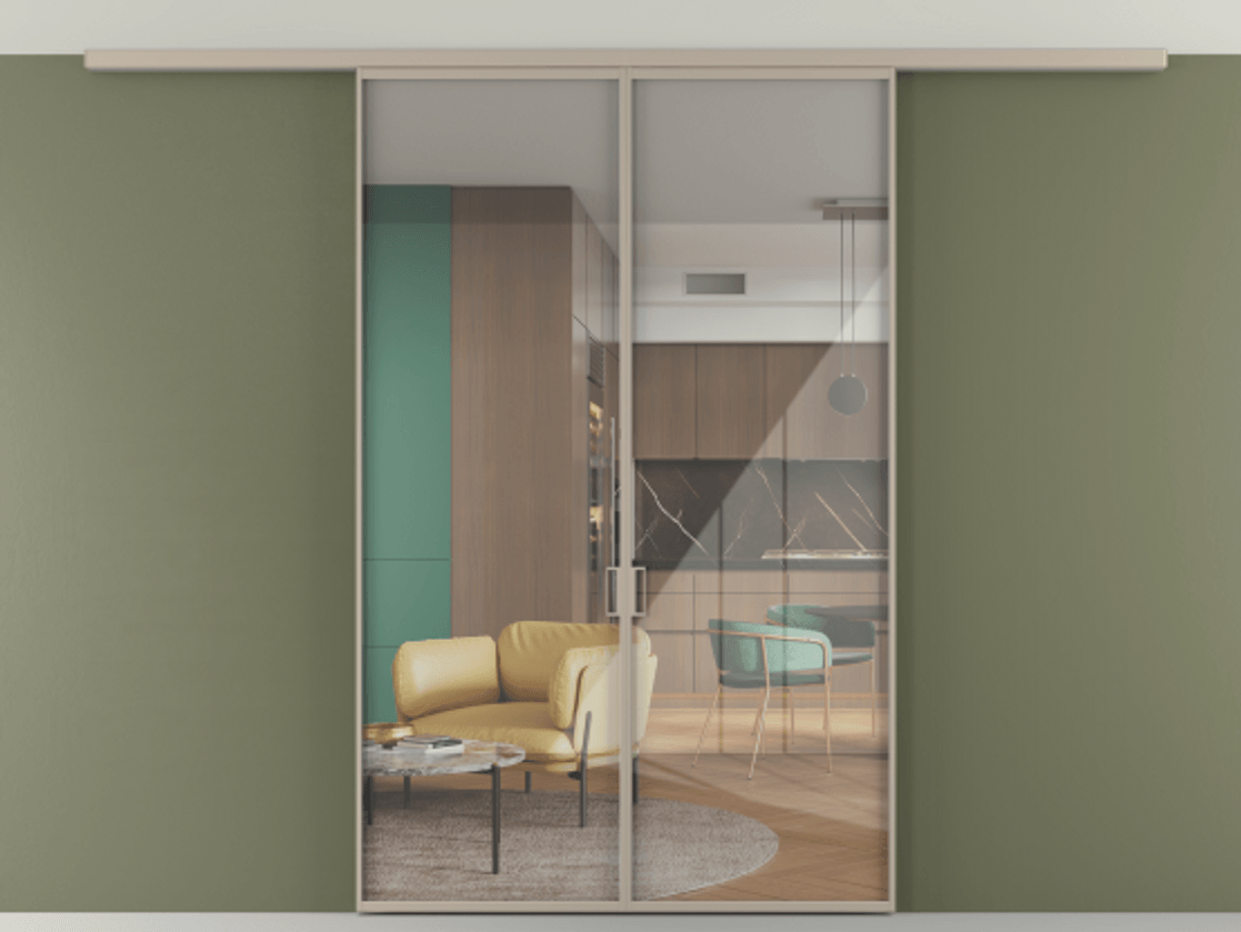 Перегородка Формато вдоль стены на потолок 2 створки АЛПР 040.01 Алюминий бисквитный Рефлективное прозрачное стекло "Стопсол", калёное Цена 10330 AZE | Volhovec